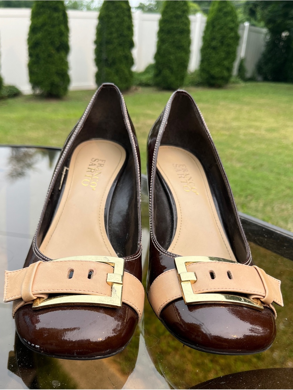 Franco Sarto Brown Patent Pumps with Beige Buckle and Heel. Gold inside heel.